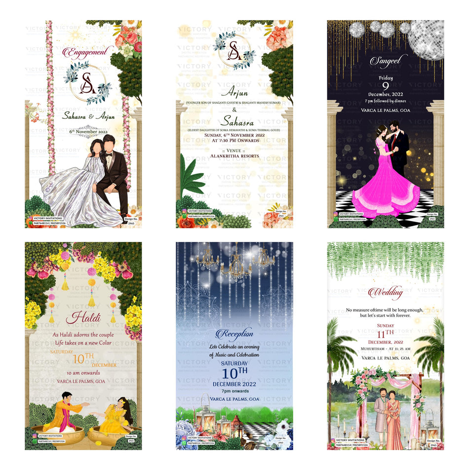 Traditional Indian wedding digital invitation card set 2965 featuring Sahasra and Arjun templates   