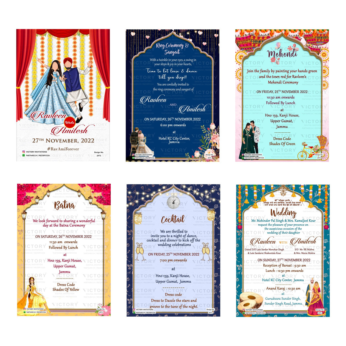 Traditional Indian wedding digital invitation card set 2971 featuring Ravleen and Amitesh templates with '#RavAmiForever' branding   