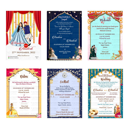 Traditional Indian wedding digital invitation card set 2971 featuring Ravleen and Amitesh templates with '#RavAmiForever' branding   