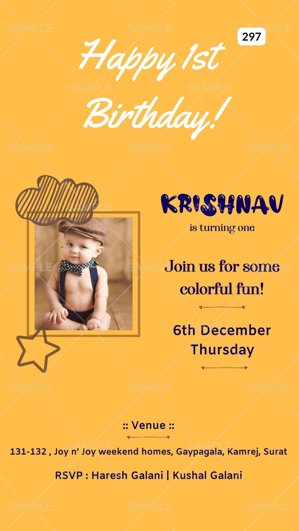 Birthday party invitation card Canva Editable Template for boy in English language with baby photo theme design 297