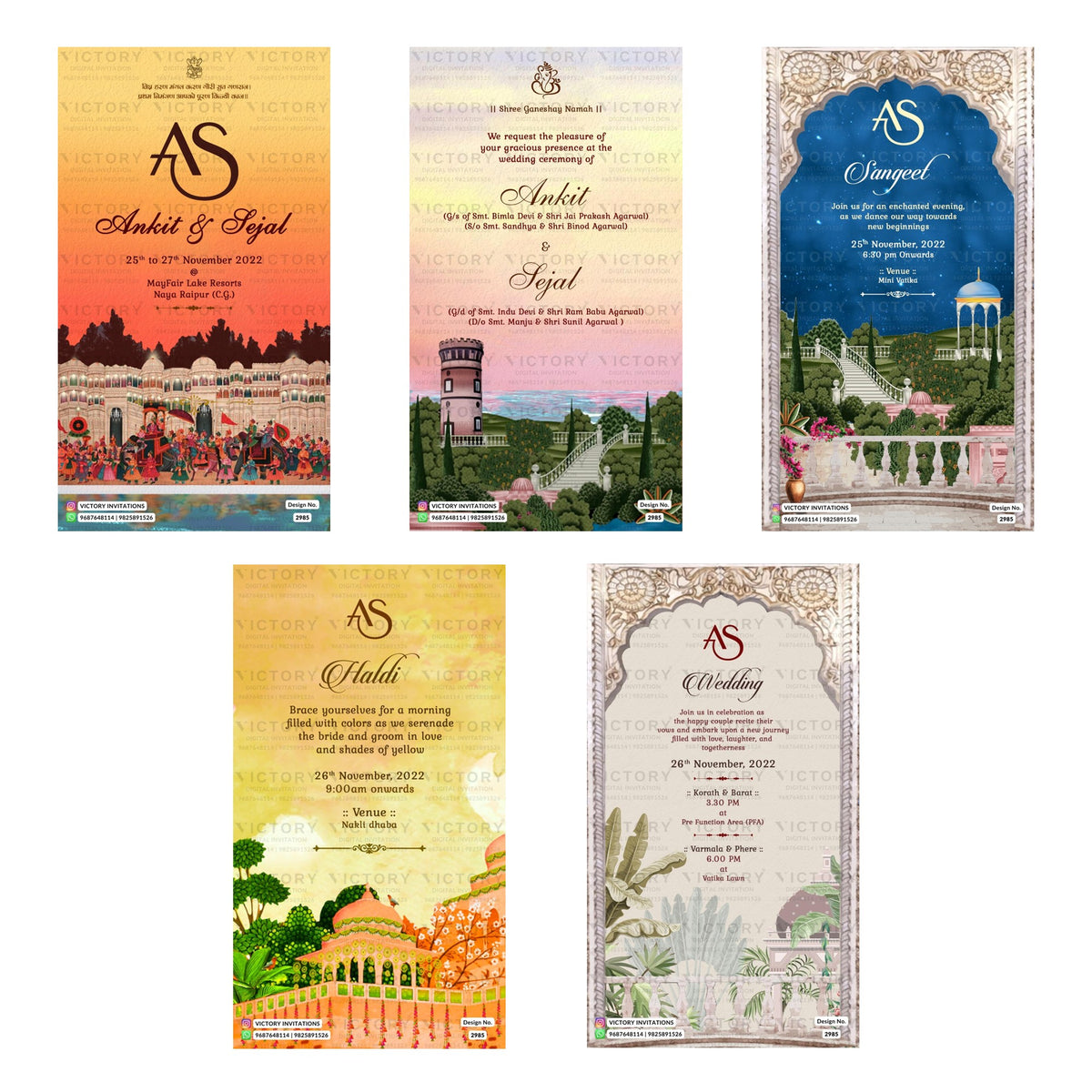 Five traditional Indian wedding invitation card designs arranged in a grid on a white background. The designs feature vibrant illustrations of Indian architecture, landscapes, and festive scenes, with text placeholders for event details and names.