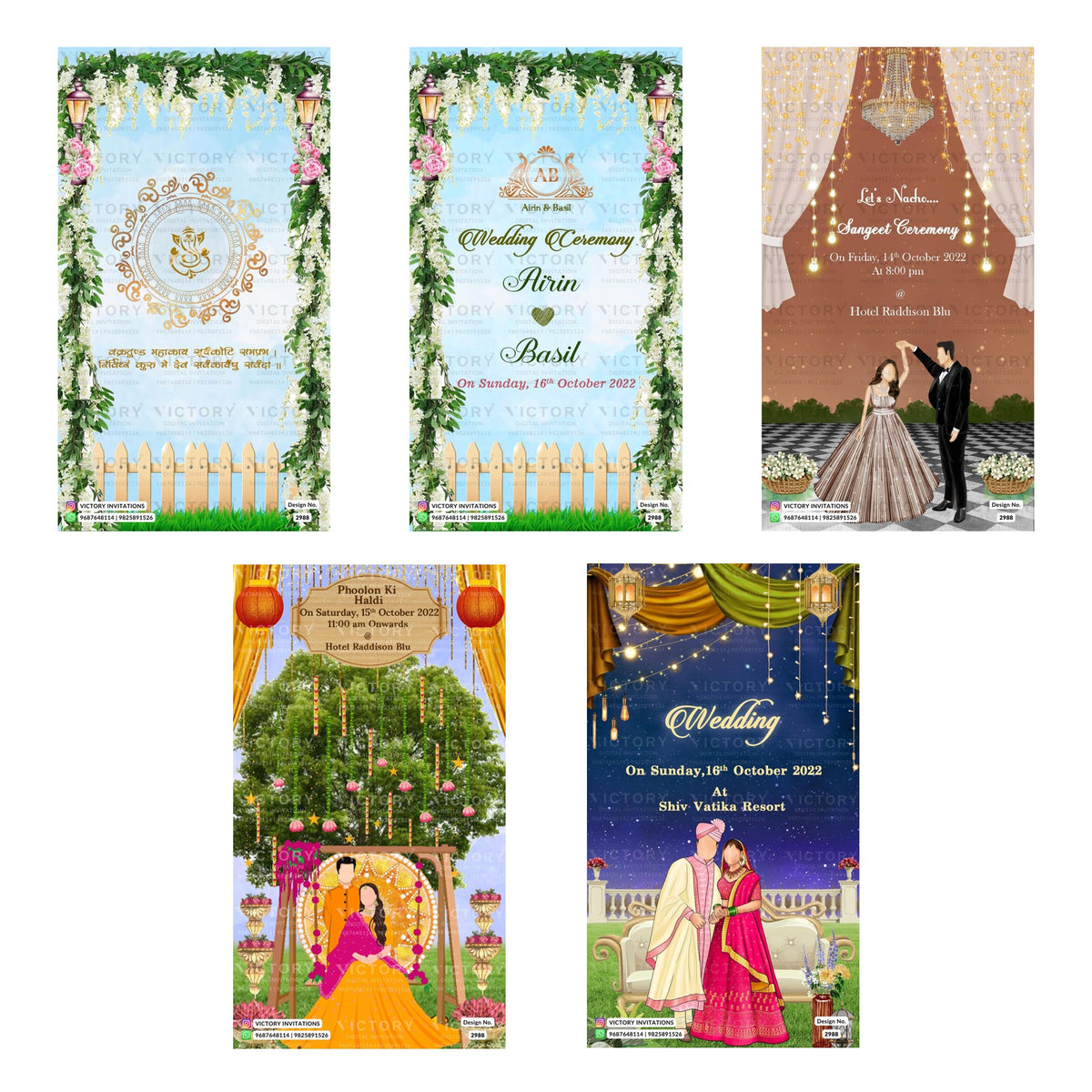 Five wedding invitation card designs arranged in a grid on a white background. The designs feature decorative borders, traditional attire illustrations, and festive settings including a garden pavilion, a decorated stage, and a night sky with a couple in traditional clothing.