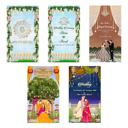 Five wedding invitation card designs arranged in a grid on a white background. The designs feature decorative borders, traditional attire illustrations, and festive settings including a garden pavilion, a decorated stage, and a night sky with a couple in traditional clothing.