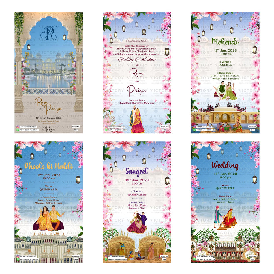 Six vertical wedding invitation card designs arranged in a 2x3 grid on a white background. Each card features a pastel blue and pink traditional Indian theme with floral borders, lanterns, and illustrated couple scenes at the bottom.