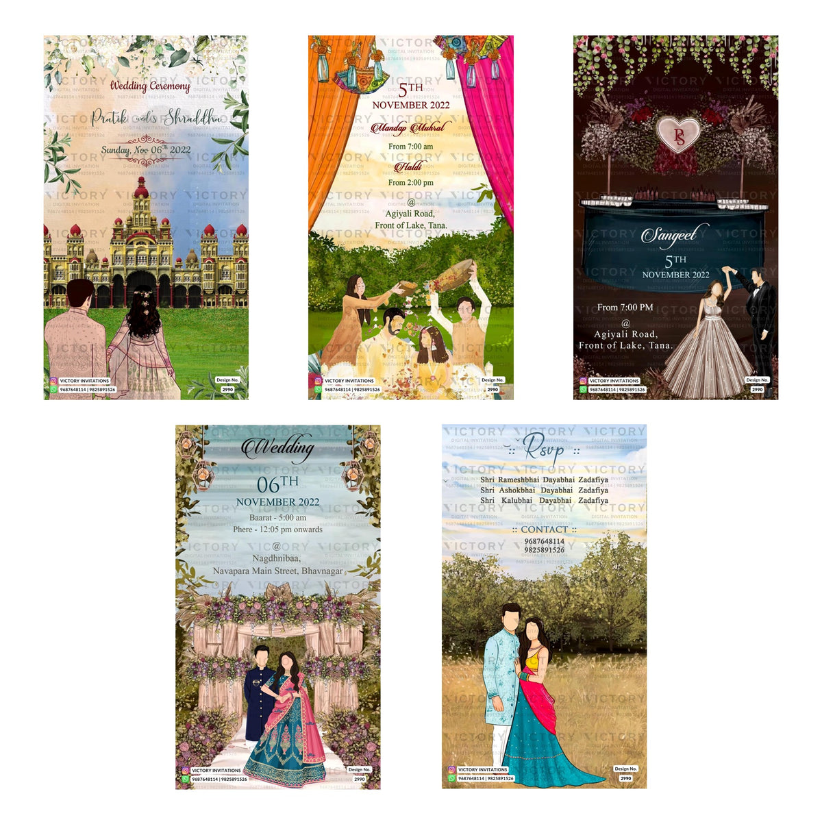 Five illustrated wedding invitation card designs arranged in a grid on a white background. The designs feature traditional Indian themes, including a palace, a garden wedding, a decorated entrance, a wedding arch, and a rustic field wedding, with text placeholders for event details and couple portraits.