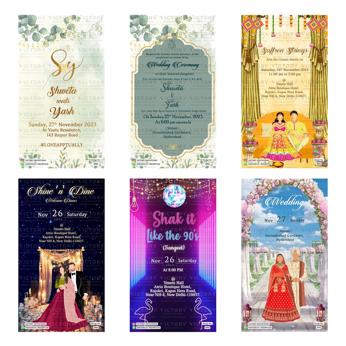 Six vertical wedding invitation card designs arranged in a 2x3 grid on a white background. The designs feature traditional Indian themes, including floral borders, gold and pink ornate frames, illustrations of wedding attire, and festive backgrounds like a night market and a palace courtyard.
