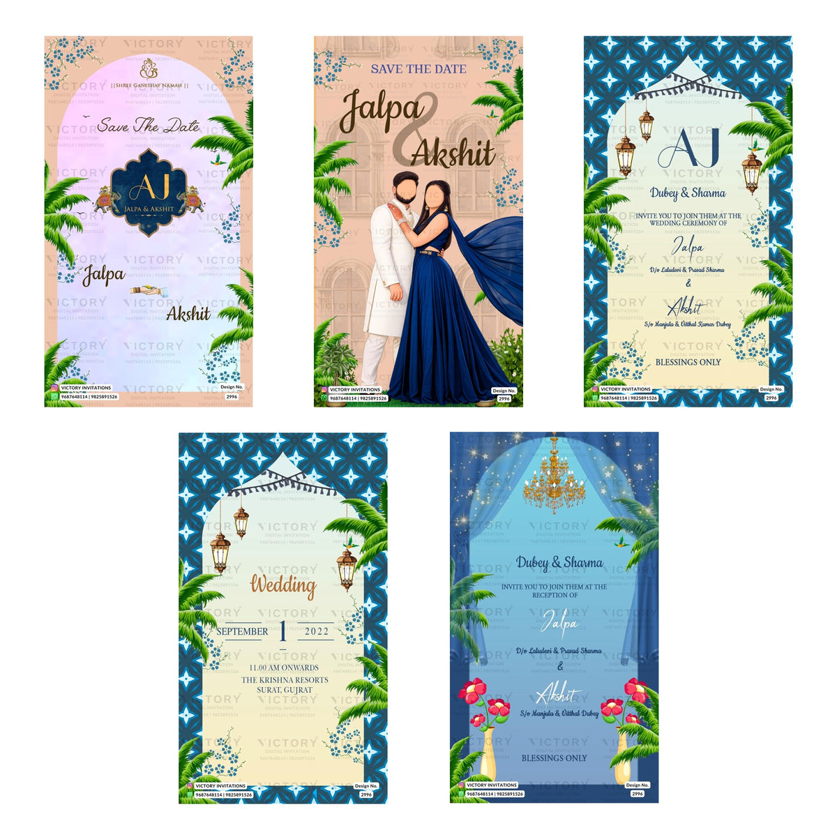 Six wedding invitation card designs arranged in two rows on a white background. The designs feature traditional Indian motifs including palm trees, lanterns, starry arches, and floral accents in pastel pink, beige, navy blue, and teal.