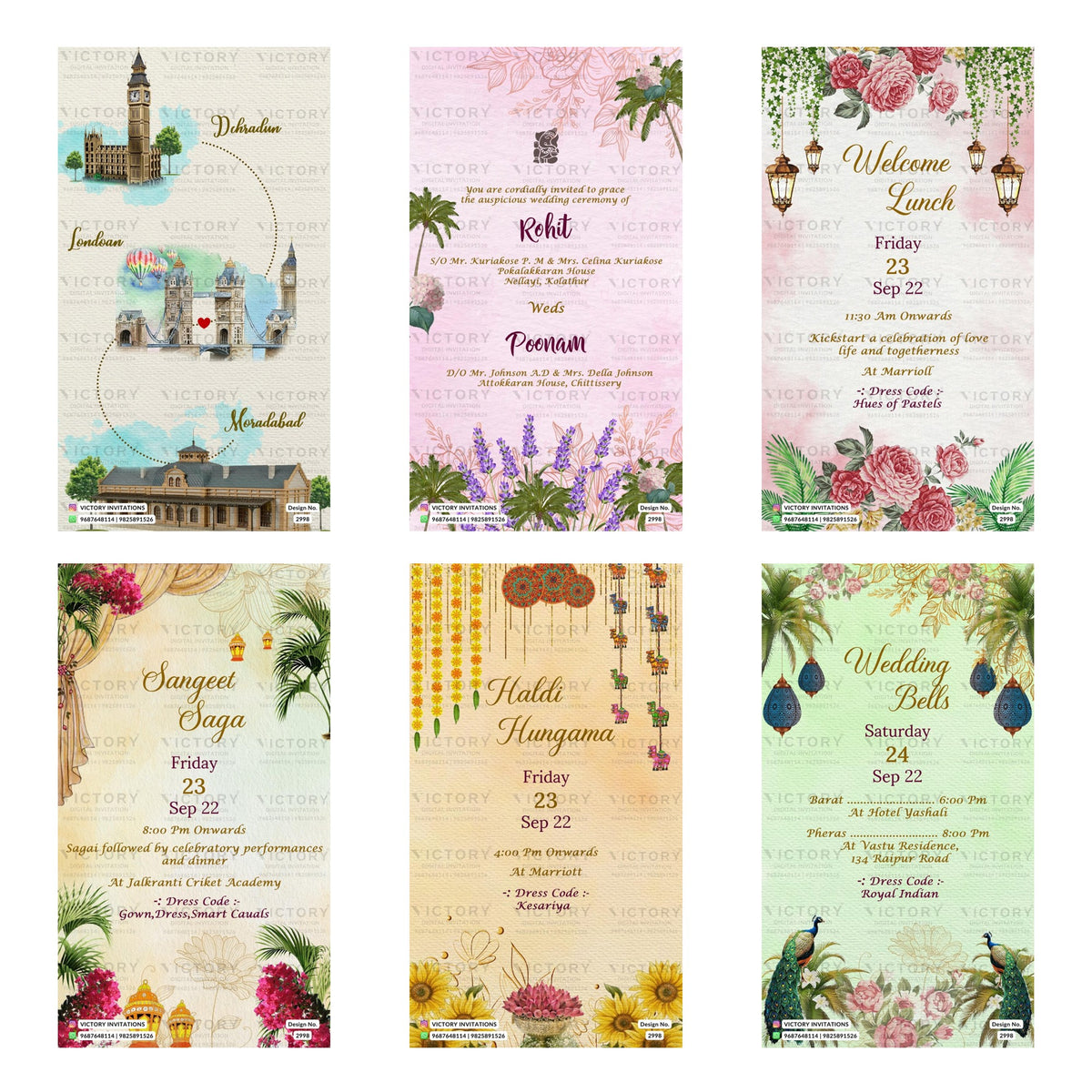 Six floral and architectural invitation card designs arranged in a 2x3 grid, featuring wedding and event invitation templates with illustrations of London landmarks, lavender, lanterns, peacocks, and decorative borders.