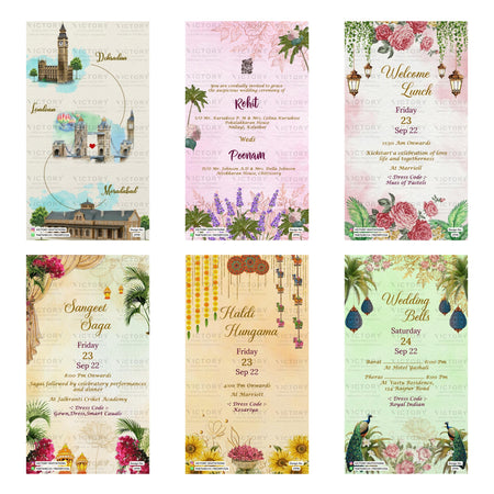 Six floral and architectural invitation card designs arranged in a 2x3 grid, featuring wedding and event invitation templates with illustrations of London landmarks, lavender, lanterns, peacocks, and decorative borders.