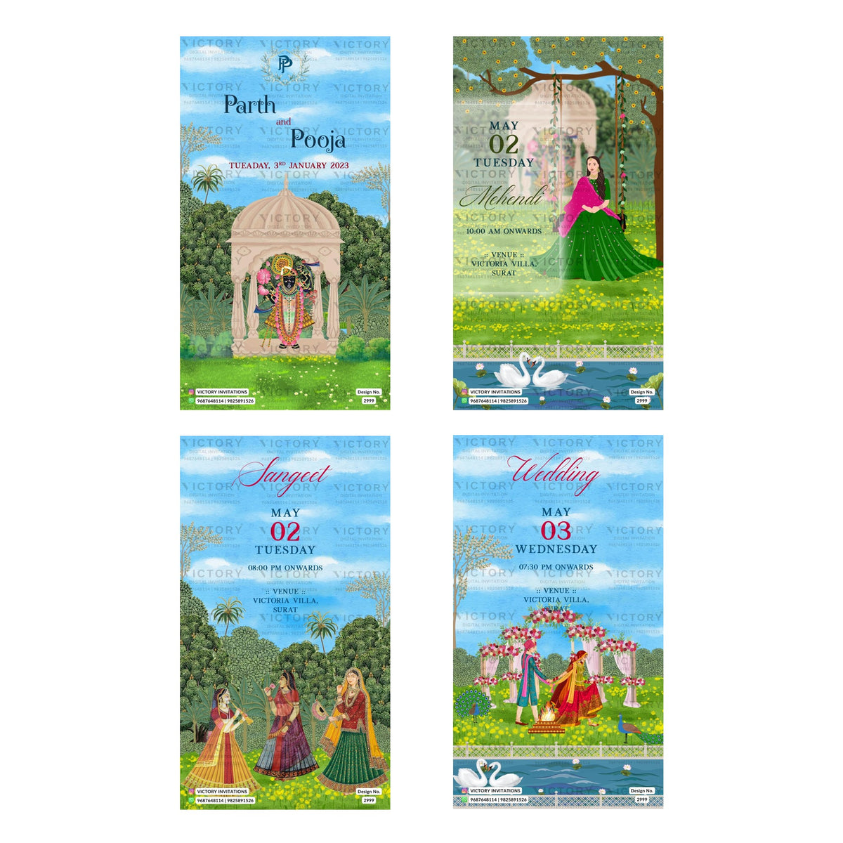 Four vertical wedding invitation card designs arranged in a 2x2 grid on a white background. Each card features traditional Indian illustrations, including a temple pavilion, a woman in a green sari under a swing, dancing couples by a river, and an outdoor wedding scene with floral arches and swans.