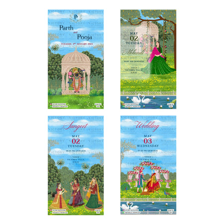 Four vertical wedding invitation card designs arranged in a 2x2 grid on a white background. Each card features traditional Indian illustrations, including a temple pavilion, a woman in a green sari under a swing, dancing couples by a river, and an outdoor wedding scene with floral arches and swans.