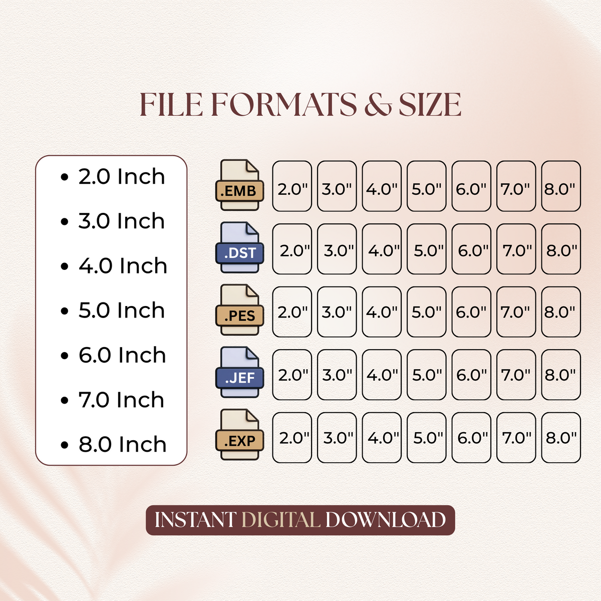 File formats and sizing chart for digital wizard tooth machine embroidery downloads, showing sizes from 2.0 to 8.0 inches across EMB, DST, PES, JEF, and EXP formats   