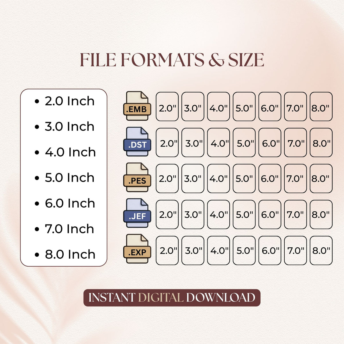 File formats and sizing chart for digital machine embroidery downloads, showing available sizes from 2.0 to 8.0 inches for EMB, DST, PES, JEF, and EXP formats.