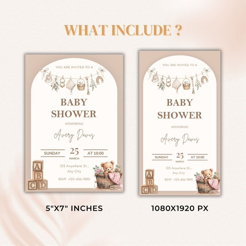 Teddy Bear Baby Shower Invitation Canva Template Boho - A 1447