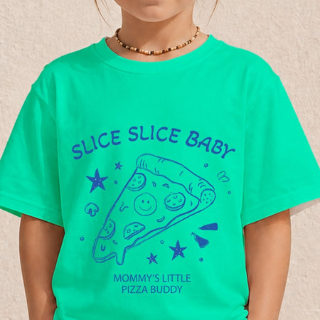 Close-up of a child wearing a bright mint green graphic t-shirt printed with a blue minimal pizza slice sketch and family slogan.