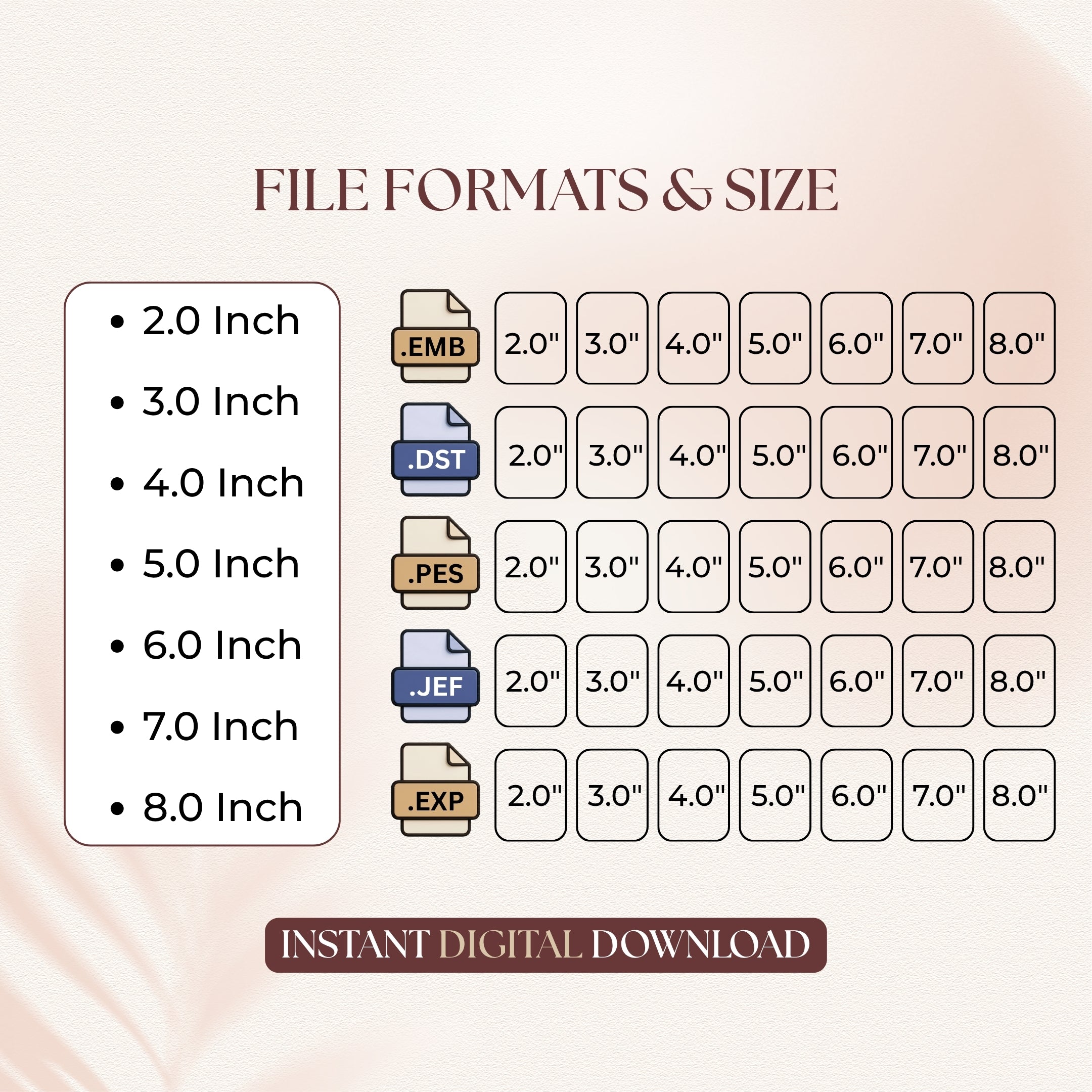A size and file format chart for a digital design product, showing dimensions from 2.0 inch to 8.