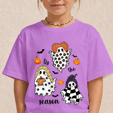 Child wearing a purple t-shirt with a cute Halloween "Tis the Season" ghost sublimation graphic.