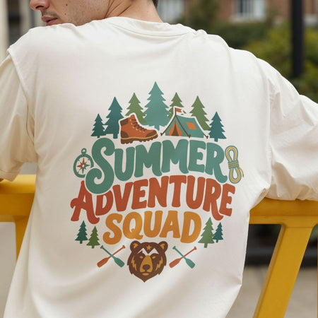 Summer Adventure Squad Back Print Tee, Off White Graphic Shirt, Retro Bear Camping Design, Wilderness Explorer Men's T-Shirt, Travel Squad Outfit