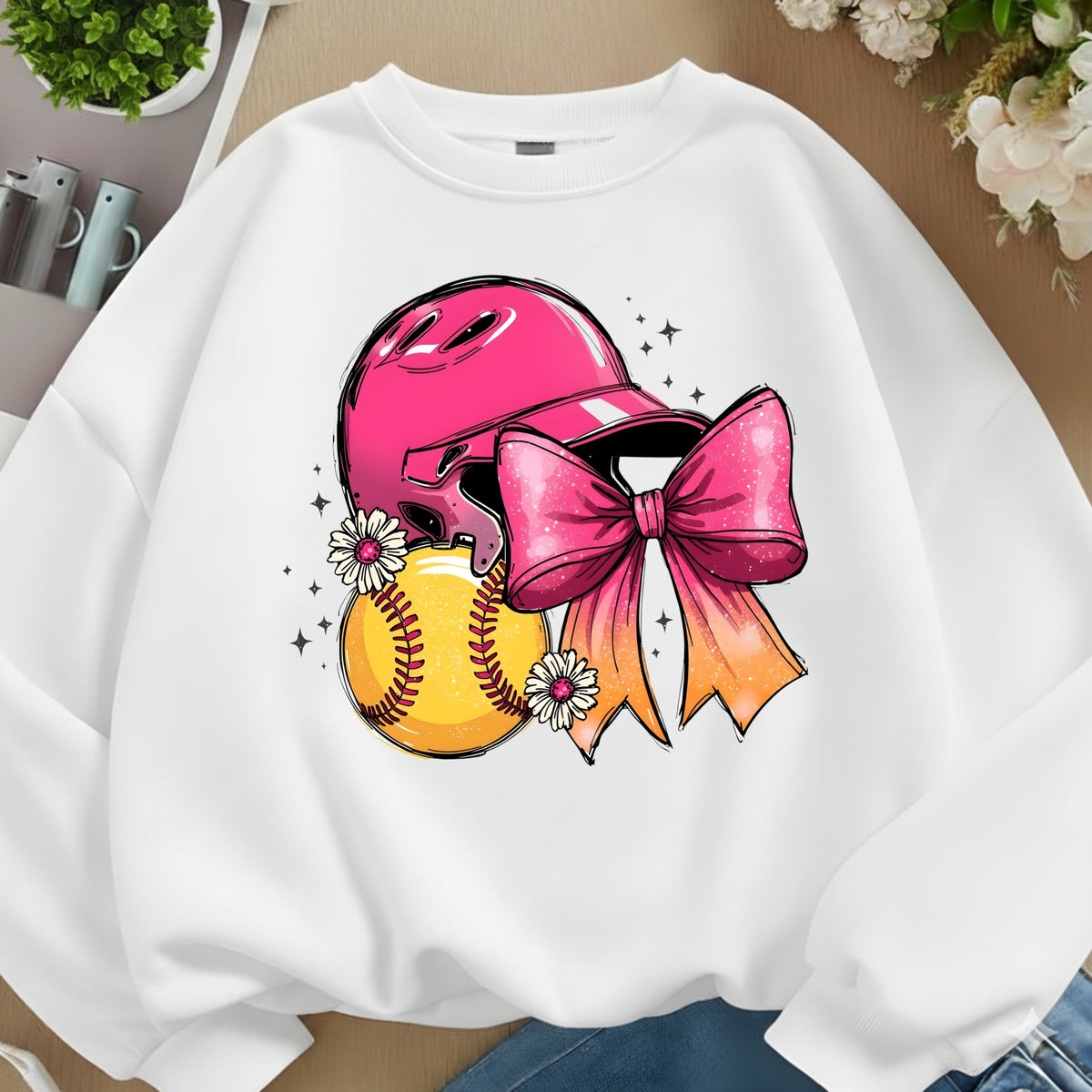 A white crewneck sweatshirt featuring a colorful graphic of a pink softball helmet, a yellow softball, and a pink-to-orange bow, styled in a flat-lay arrangement with flowers and plants.