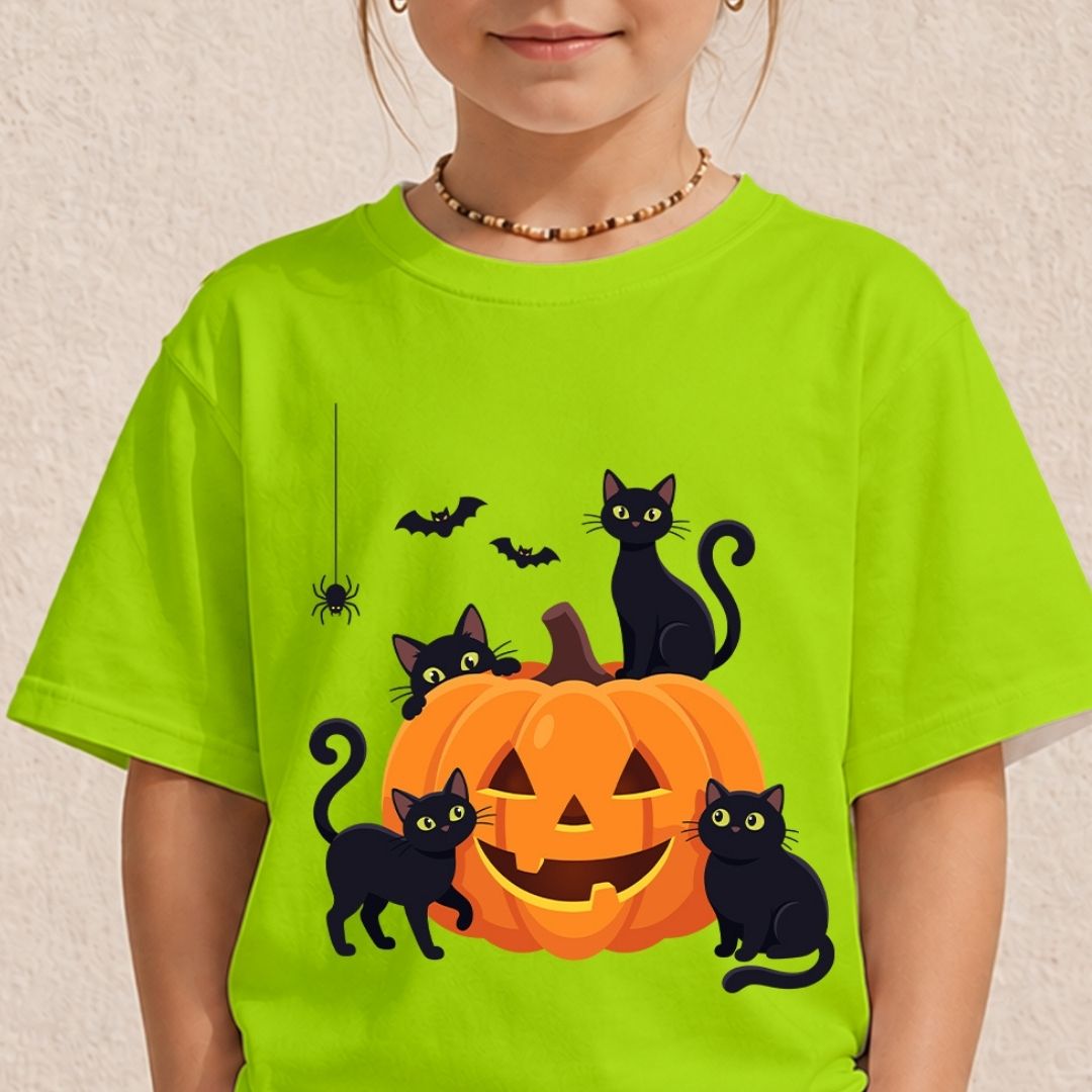 Child wearing a lime green t-shirt showcasing a playful Halloween black cats and carved pumpkin sublimation print.