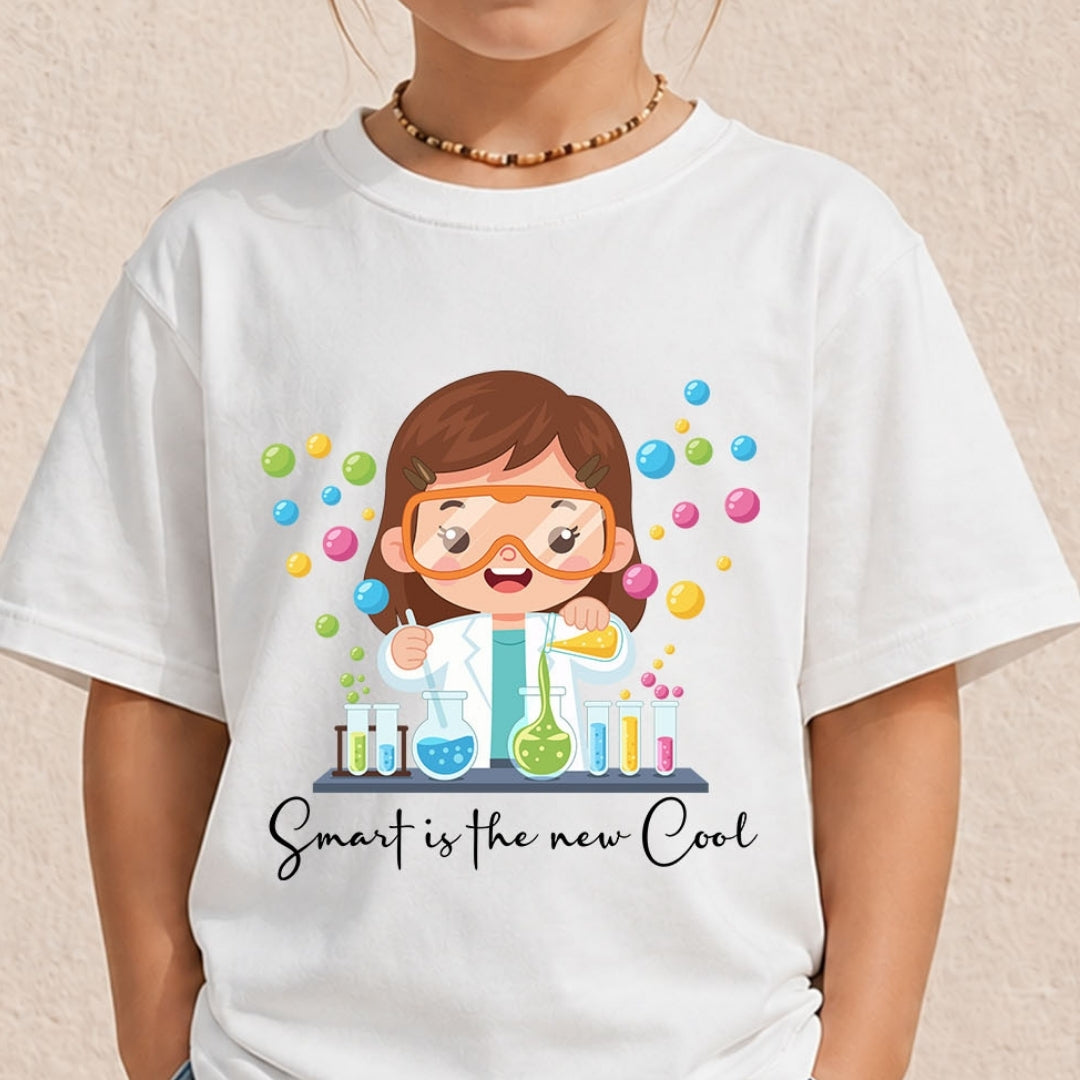 Close-up of a child wearing a white crewneck t-shirt with a cute cartoon illustration of a girl chemist mixing colorful science fluids and text Smart is the new Cool.