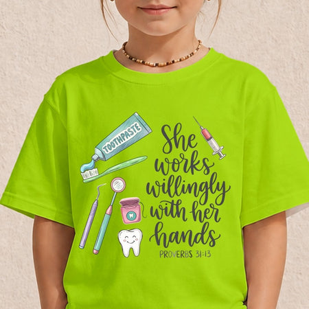 A child wearing a bright lime green t-shirt with a dental-themed graphic and the quote 'She works willingly with her hands PROVERBS 31:13'.