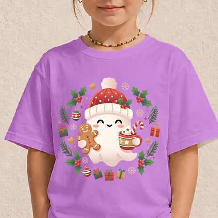 A child wearing a purple short-sleeve t-shirt with a festive Christmas ghost graphic on the front, set against a light beige textured wall.