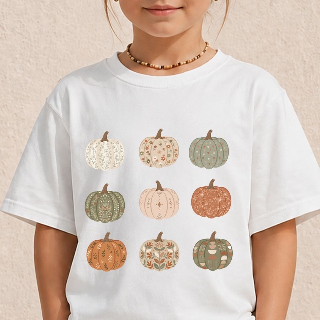 A child wearing a white short-sleeve T-shirt with a graphic of nine patterned pumpkins in muted autumn colors, photographed against a light textured wall.
