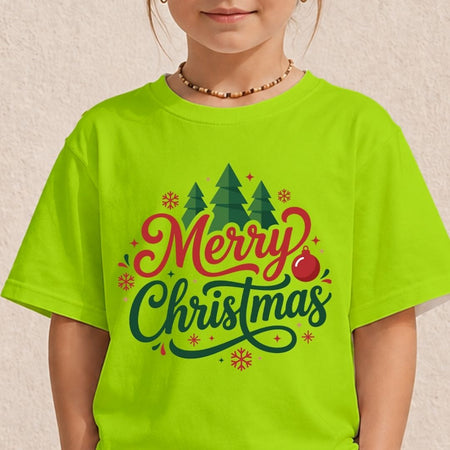 Child wearing a lime green t-shirt showcasing a vibrant "Merry Christmas" holiday graphic print with evergreen trees.