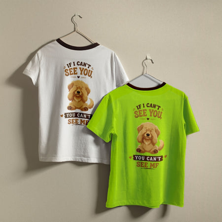 White and neon green t-shirts hanging on hangers, both displaying the funny golden retriever puppy graphic on the back.