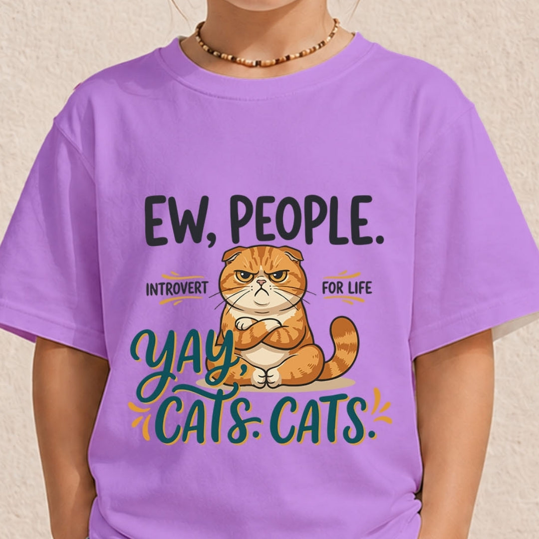 Close-up of a child wearing a pastel lavender purple t-shirt printed with a funny grumpy cat cartoon graphic and an introverted cat lover quote.