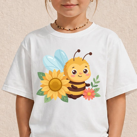 A child wearing a white short-sleeve T-shirt with a colorful cartoon bee, sunflower, and flower graphic on the front, photographed against a light beige textured wall.