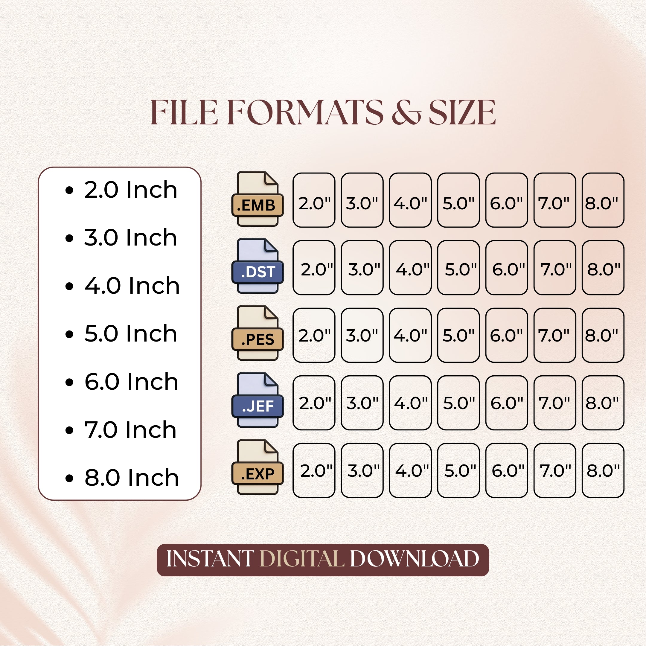 A size and file format chart for a digital design product, showing dimensions from 2.0 inches to 8.