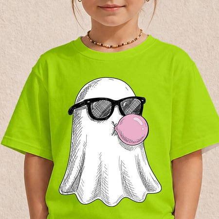 A child wearing a bright lime green t-shirt with a cartoon graphic of a white ghost wearing black sunglasses and blowing a pink bubblegum bubble.