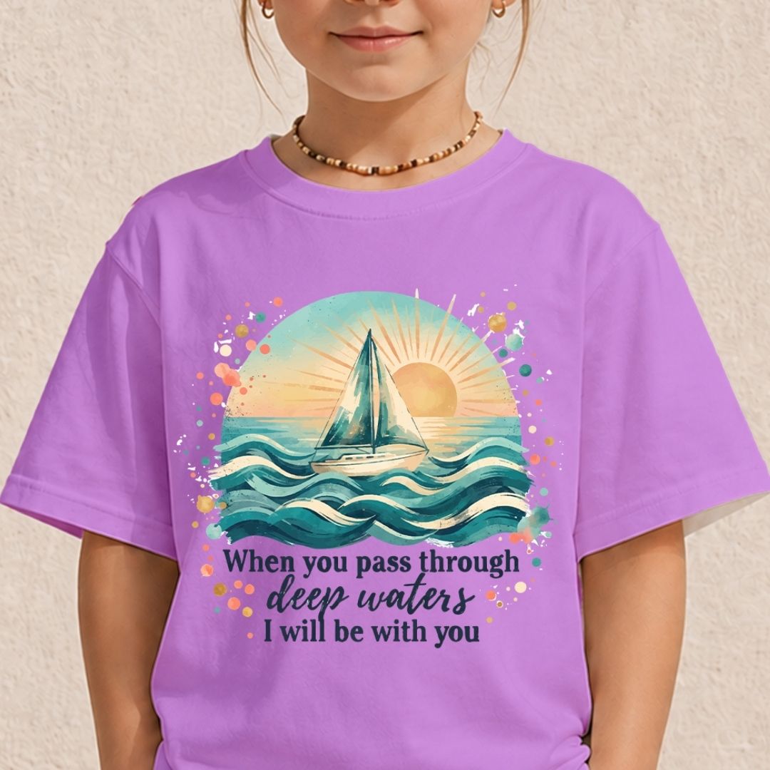 A child wearing a purple graphic t-shirt with a watercolor sailboat design and the quote 'When you pass through deep waters I will be with you'.