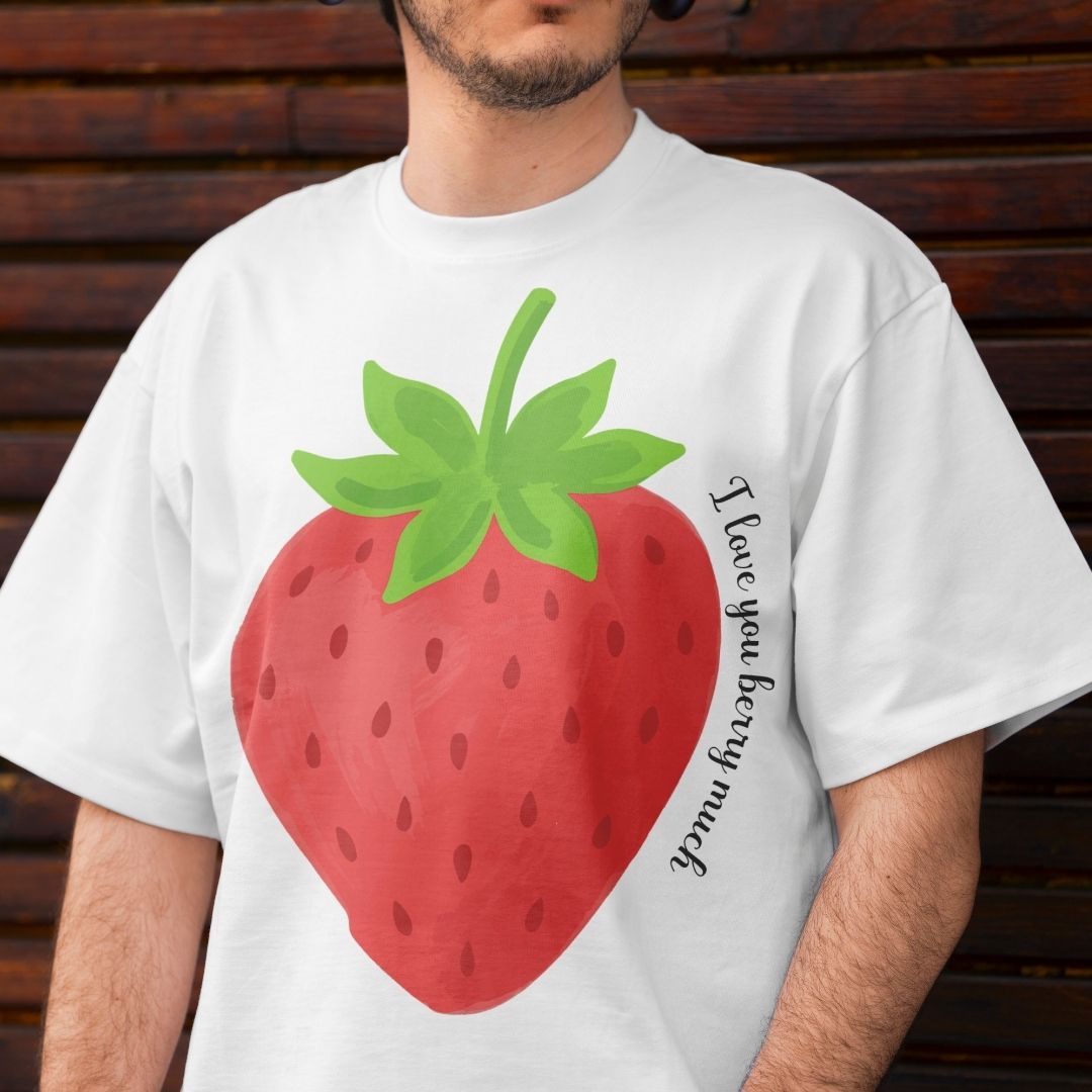 Funny Strawberry Pun T-Shirt Design, I Love You Berry Much Digital Download, Unisex Vintage Fruit Tee PNG