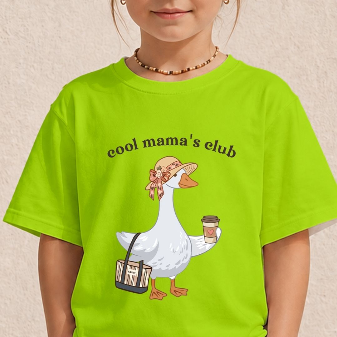 Cute Kids Cool Mama's Club Shirt, Neon Green Mockup Tee, Whimsical Goose and Coffee Toddler Shirt, Family Matching Graphic T-Shirt