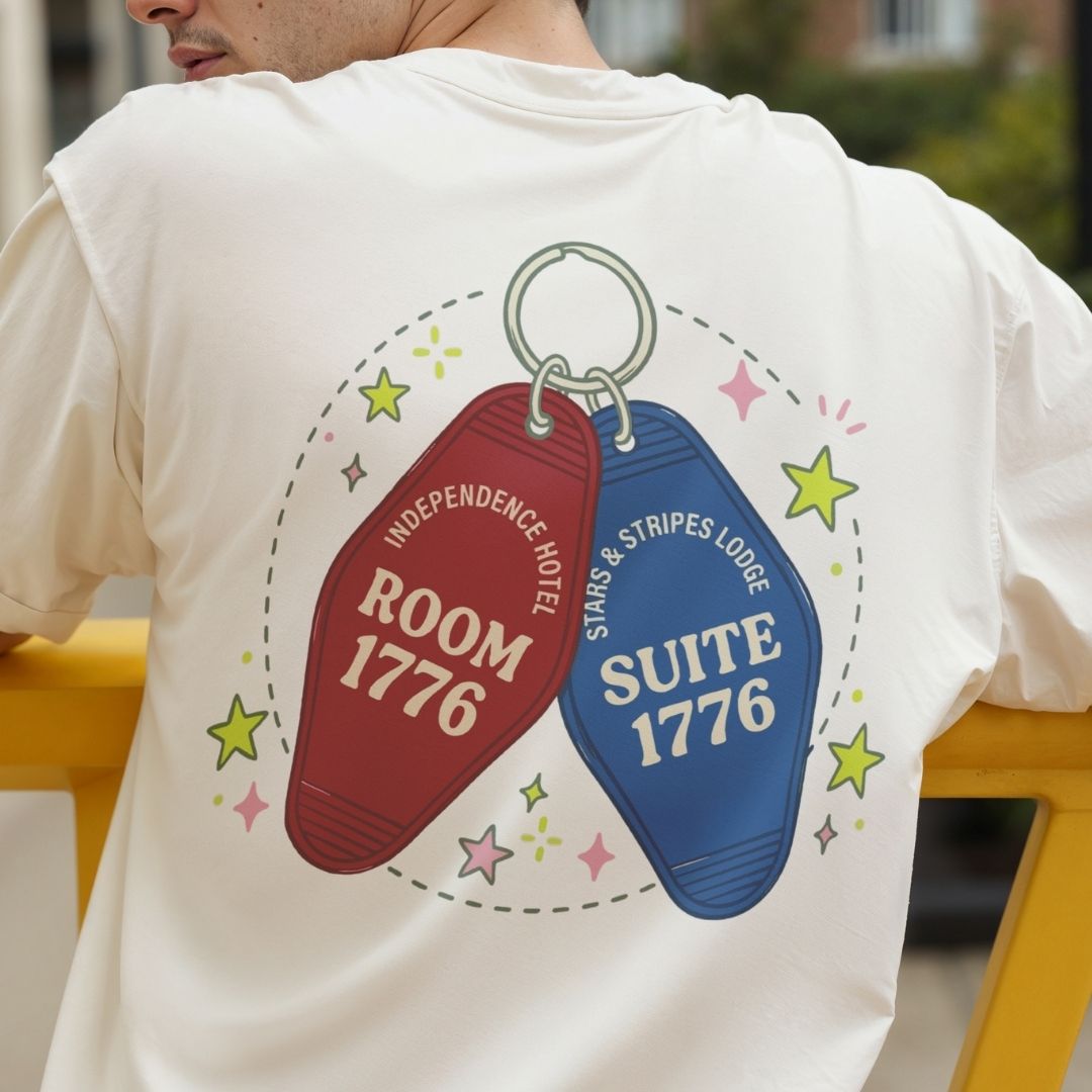 Trendy Patriotic T-Shirt Design, Vintage 1776 Digital Download, Unisex Americana Motel Key Graphic PNG