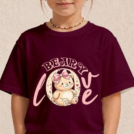 Kid's Maroon T-Shirt with Cute Teddy Bear Graphic Mockup