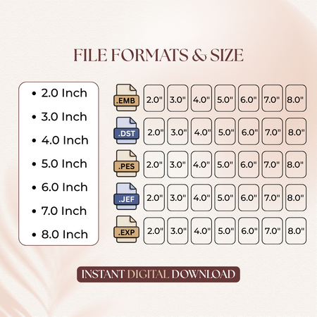 Chart showing file formats and sizes for digital downloads on a light pink background.