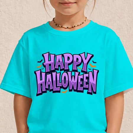 Child wearing a bright blue t-shirt with a spooky purple "Happy Halloween" sublimation graphic and bats.