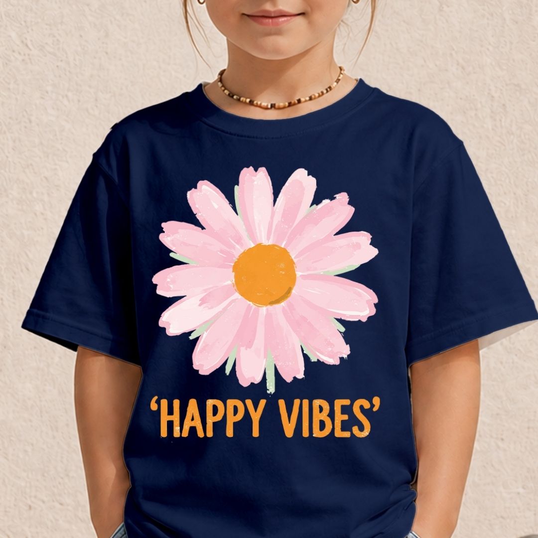 A child wearing a navy blue t-shirt with a large pink daisy graphic and the text 'HAPPY VIBES' in orange. The child is wearing a gold beaded necklace, and the background is a textured beige wall.