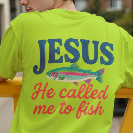 Rear view of a man wearing a lime green t-shirt showing a large "Jesus He Called Me to Fish" typography sublimation print on the back.