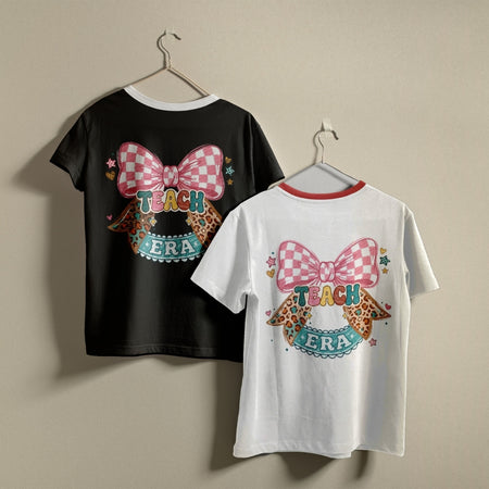 Teach Era Graphic Ringer Shirts on Hangers in Black and White