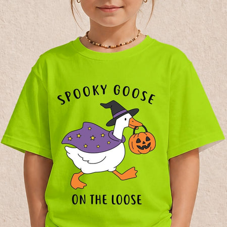 A child wearing a bright lime green t-shirt printed with the Spooky Goose on the Loose Halloween witch design.