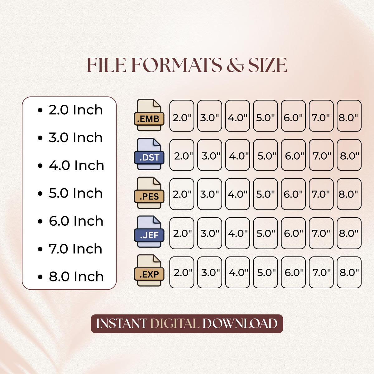 File formats and sizing chart for digital cute Halloween dental teeth machine embroidery downloads, showing sizes from 2.0 to 8.0 inches across EMB, DST, PES, JEF, and EXP formats