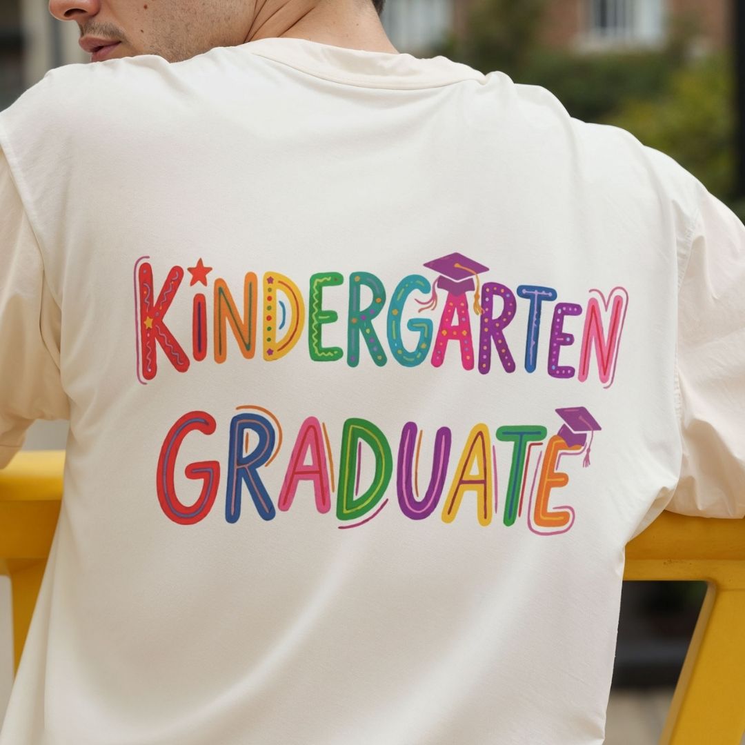 Kindergarten Graduate Back Print Shirt, Cream Off-White Men's Tee, Colorful Pre-K Graduation Design, Last Day of School Streetwear Top