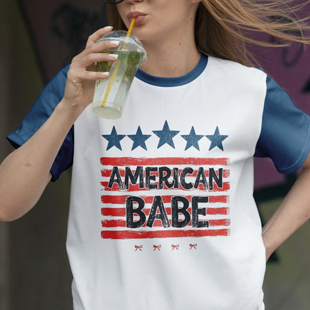 Person wearing a 'American Babe' t-shirt with stars and stripes design.