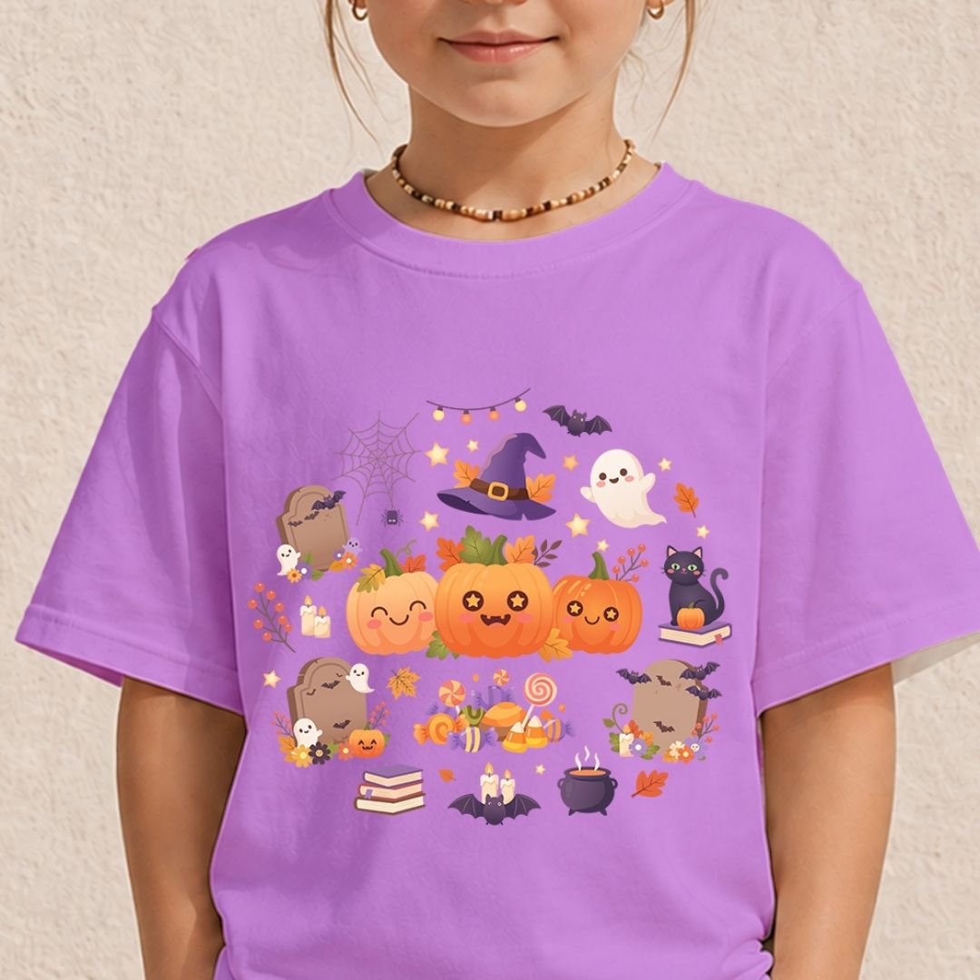 A child wearing a purple short-sleeve t-shirt with a colorful cartoon Halloween graphic on the front, featuring pumpkins, ghosts, a witch hat, and bats.