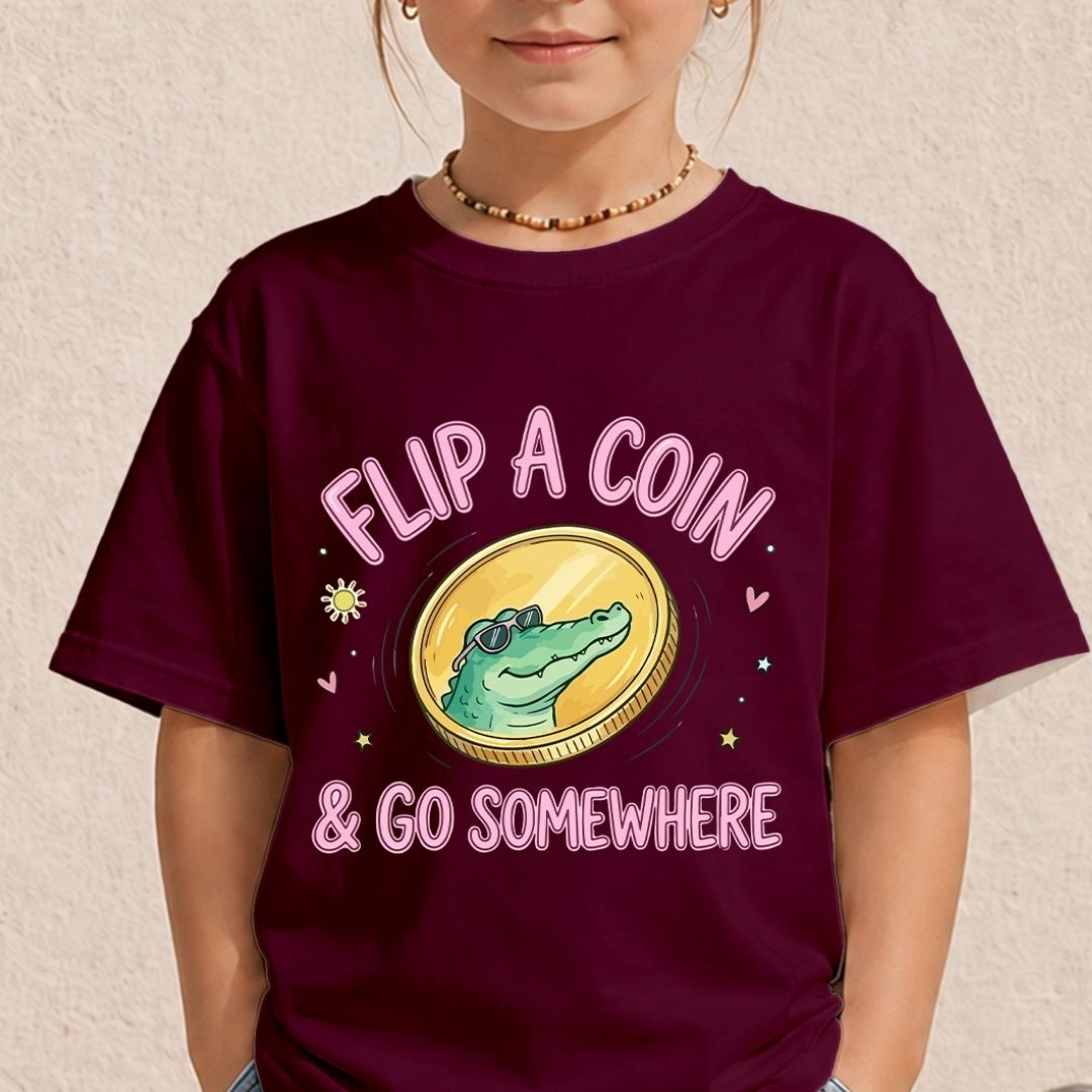 Kid's Maroon Graphic T-Shirt with Alligator Coin Print
